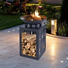 Image of Black Square Cast Iron Fire Pit Bowl Outdoor Garden Heater Steel Log Storage