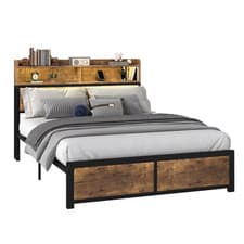 Image of YITAHOME Super King Modern LED Bed Frame Charging Station Shelves Wood/Metal UK