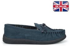 Image of Mens Real Suede Moccasin Slippers Genuine Leather Moccasins Rubber Sole Navy