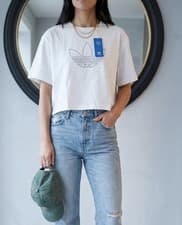 Image of BNWT Adidas Originals White Cropped T-Shirt | Large Trefoil Logo | UK 22 / US XL