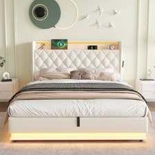 Image of 5ft King Size Ottoman Storage Bed Frame Upholstered Headboard LED & USB Charging
