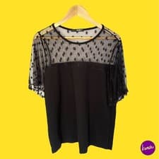 Image of QUIZ Women's Mesh Polka Dot Blouse, Sheer Top Panel, Black UK 16 | EU 44 | US 12