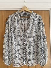 Image of MINT  VELVET Cream Ivory Blue Print Ruffle Sleeve Boho Blouse Top - Large L NEW