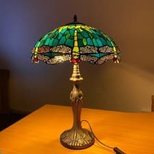 Image of TIFFANY TABLE LAMP 16 INCH GREEN DRAGONFLY STYLE STAINED GLASS SHADE HOME DECOR