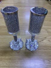 Image of Set of 2 Crystal Round Candle Holder Clear Silver Glass Crushed Diamond Stand