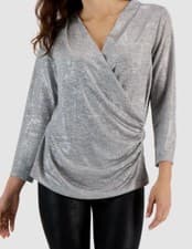 Image of $59 Studio by JPR Women's Silver Metallic Surplice Faux-Wrap Top Size L