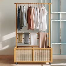 Image of Mobile Bamboo Wood Clothes Rail Rack Garment Hanging Stand Open Wardrobe Shelf