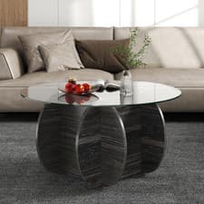 Image of Coffee Table Round Glass Wooden Base Storage Modern Living Room Centre Table