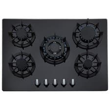 Image of SIA 70cm 5 Burner Black Glass Gas Hob With Cast Iron Pan Stands And Wok Burner