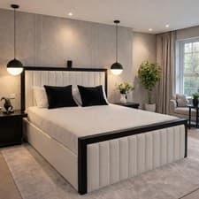 Image of Luxury Panelled Bed Velvet Black Piping Ottoman Storage Divan Bed with Headboard