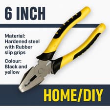 Image of 6" Heavy Duty Combination Pliers – Black/Yellow Rubber Grip, Hardened Steel