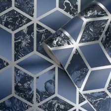 Image of Muriva Elixir Cube 3D Effect Metallic Silver Navy Marble Wallpaper 166512