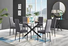 Image of Novara Black Leg 120cm Round Glass Dining Table & 6 Velvet Milan Black Leg Chai