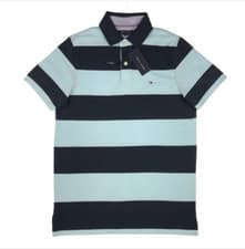 Image of TOMMY HILFIGER Men's TH FLEX Slim Fit Striped Polo Shirt Navy and Sky Blue S,M,L