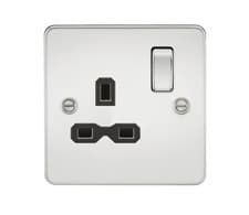 Image of Flat plate 13A 1G DP switched socket - polished chrome with black insert