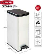 Image of Curver Metal Effect Plastic Pedal Touch Slim Deco Bin, Silver, 40 Litre