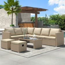 Image of 7 Seater Casual Rattan Garden Lounge Set w/ Cushions Outdoor Furniture Set Khaki