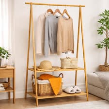 Image of Clothes Rail Bamboo Garment Rack Stand Hanging Shelf Shoe Storage Unit