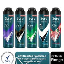 Image of Sure Men Nonstop Protection 72H Anti-Perspirant Deodorant Aerosol 150ml, 6 Pack