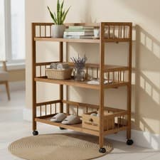 Image of 3 Tier Bamboo Slim Cart Island Storage Organiser Rolling Kitchen Serving Trolley