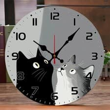 Image of 10inch Black White Cats Wooden Wall Clock Silent Round Home Office Decor