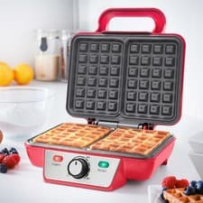 Image of Red Double Waffle Maker 1000W Machine 2 Belgian Waffles Non-Stick Easy Clean