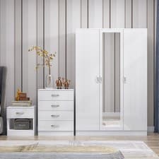 Image of 3 Piece High Gloss Bedroom Furniture Bedside Table Wardrobe Set Chest of Drawer