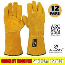 Image of 12 Pairs Welding Gloves ARC MIG Heat Resistant Leather Gauntlets Cotton Liner