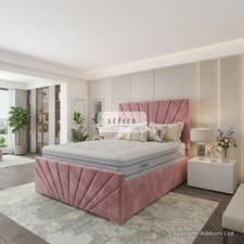 Image of Modern Upholstered Panel Bed Frame Tall Headboard Ottoman GasLift Storage Bed UK