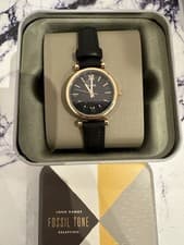 Image of Fossil Mini Carlie Watch With A Black Leather Strap.Brand New. Battery Required