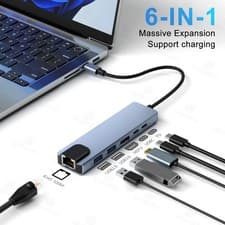 Image of 6-in-1 HUB Multifunction Adapter USB C to HDTV RJ45 USB C PD 2 USB for Laptop