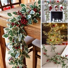 Image of Artificial Green Holly and Berry 2M Christmas Garland Party Home Xmas Decoration