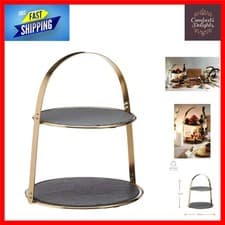 Image of Elegant 2-Tier Cake Stand with Round Slate & Brass Finish – Home Entertaining