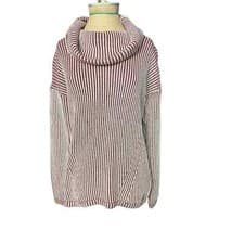 Image of Rachel Zoe Cotton Blend Cowl Funnel Neck Ribb Burgundy White Sweater NWT Size S 