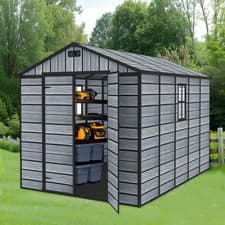 Image of 8X10FT Plastic Garden Shed Apex with Floor Window Lockable Door Wood Grain Grey