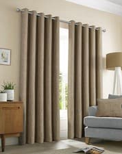 Image of Sundour Amberley Plain Chenille Eyelet Thermal Lined Curtains Pair Earth