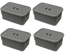 Image of 4 x 6L Loop Effect Grey Rectangle Plastic Storage Basket With Lid 28 x 20 x 12cm