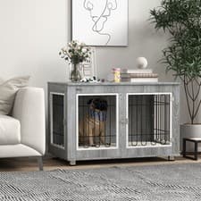 Image of Dog Crate Furniture, Dog Crate End Table w/ Soft Cushion, Double Door, Grey