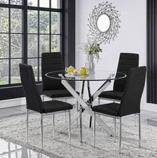 Image of Modern 100cm Round Glass Dining Table Set & 4 Faux Leather Chairs Chrome Base