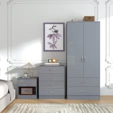 Image of 3 Piece High Gloss Bedroom Furniture Bedside Table Wardrobe Set Chest of Drawer