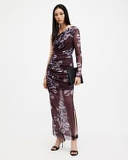 Image of AllSaints Women's Purple Bodycon Maxi Dress UK Size 14 Long Sleeve Floral