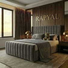 Image of OTTOMAN STORAGE BED PANEL PLUSH VELVET UPHOLSTERED BED FRAME- WINGED HEADBOARD