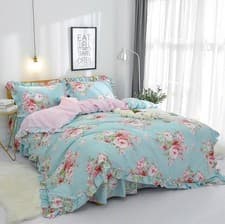 Image of NEW! FADFAY Farmhouse King Floral Shabby Chic Blue Pink Duvet Set, 100% Cotton