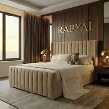 Image of OTTOMAN STORAGE BED PANEL PLUSH VELVET UPHOLSTERED BED FRAME- WINGED HEADBOARD