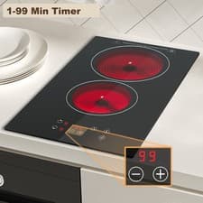 Image of Ceramic Hob 2 Zones, Electric Plug in Hob 30cm 2 Burners, 2800W,1-99 min Timer