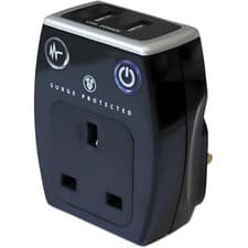 Image of Masterplug Surge Adaptor 2 USB Charging Ports Single Plug Socket Black Polished