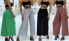 Image of NEW LADIES WOMENS PLEATED PALAZZO TROUSERS FLARE LONG LEG TROUSER CREPE PANTS