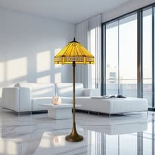 Image of Tiffany Style Floor Lamp Stained Glass Handcrafted Standing Light Vintage