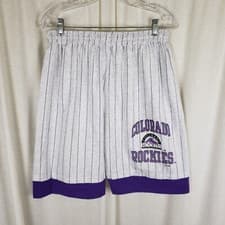 Image of Vintage Competitor Mens XL Colorado Rockies Striped Baseball Shorts Purple USA