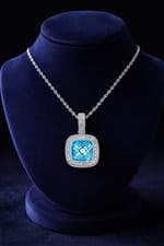 Image of Swiss Blue Topaz Cushion Pendant With Diamonds 9ct White Gold 16" Length Chain